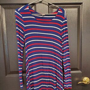 Old Navy Fit & Flare Long Sleeve Stretch Dress Red White Blue Striped